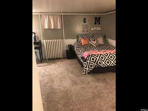 Bedroom featuring radiator heating unit and light colored carpet