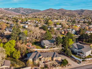 Aerial view of residential area with mountains