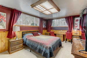 Bedroom featuring wood walls, a textured ceiling, wainscoting, light colored carpet, and multiple windows