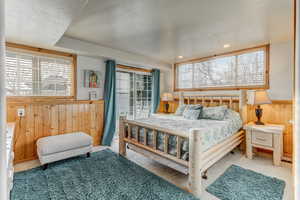 Carpeted bedroom featuring wood walls, wainscoting, a textured ceiling, access to exterior, and multiple windows