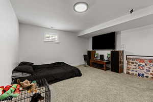 Bedroom with carpet flooring and a textured ceiling