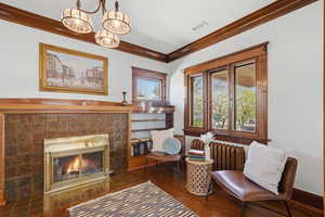 Den with hardwood built ins and fireplace