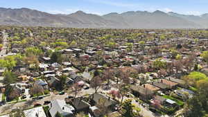 Aerial view of residential area with mountains