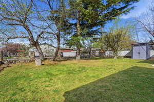 Fenced backyard with a shed