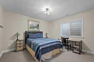 Bedroom featuring light carpet and a textured ceiling