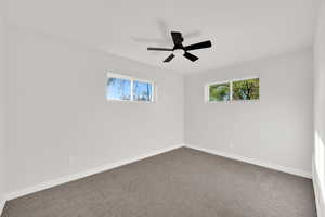 Unfurnished room featuring carpet, healthy amount of natural light, and a ceiling fan