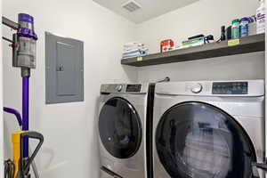 Laundry room with electric panel and independent washer and dryer