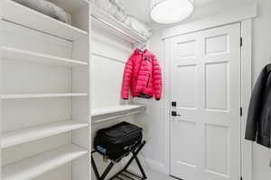 Walk in closet featuring light carpet