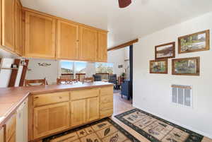 Kitchen with light wood finish cabinetry, ceiling fan, heating unit, dishwasher, and tile counters