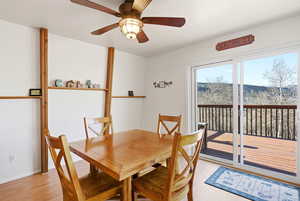 Dining area with light wood finished floors and ceiling fan