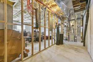 Unfinished below grade area featuring heating unit, water heater, a water softener system, and electric panel