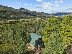 Aerial view of property and surrounding area featuring mountains and a heavily wooded area