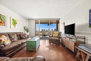 Living room with expansive windows, dark wood-floors