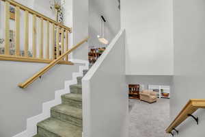 Stairs with carpet flooring and a high ceiling
