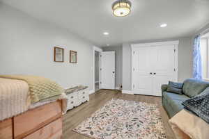 Living area with light wood-type flooring and recessed lighting
