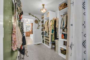 Primary bedroom Walk in closet with light colored carpet
