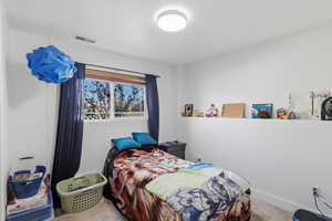 Bedroom with light colored carpet