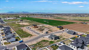 Aerial perspective of suburban area featuring mountains
