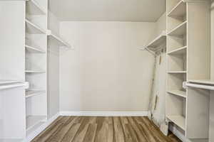 Walk in closet featuring dark wood-style floors