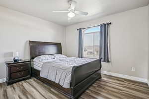 Bedroom with wood finished floors and ceiling fan