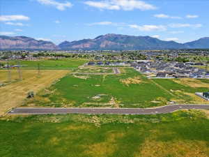 Aerial perspective of suburban area with a mountainous background