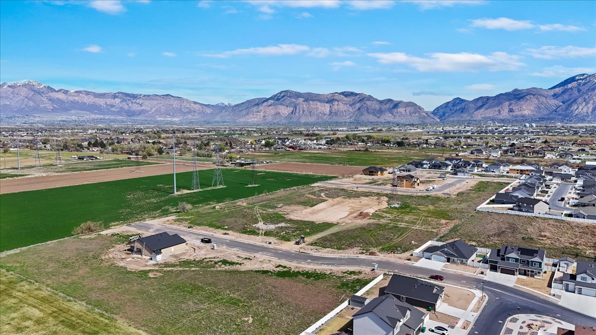 Aerial view of residential area with a mountain backdrop