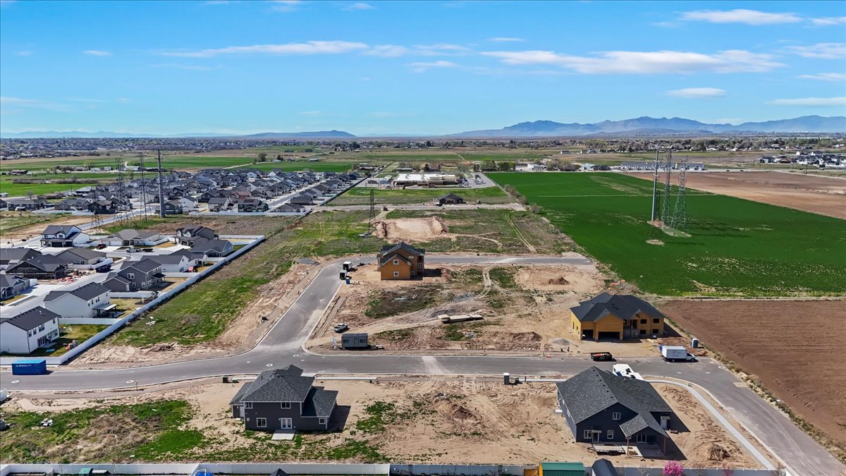 Aerial perspective of suburban area with mountains
