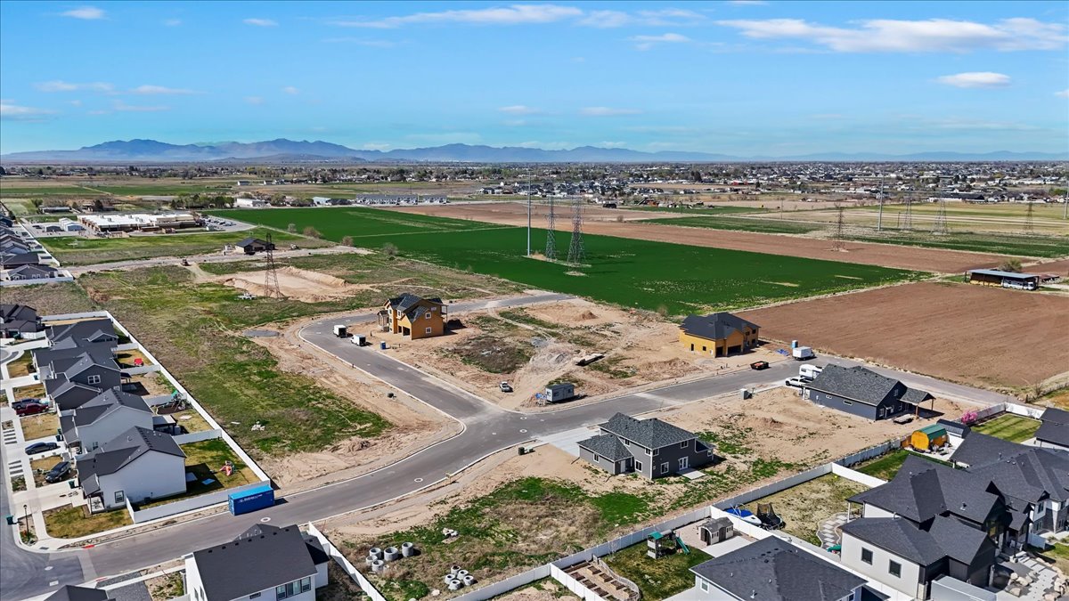 Aerial perspective of suburban area featuring mountains