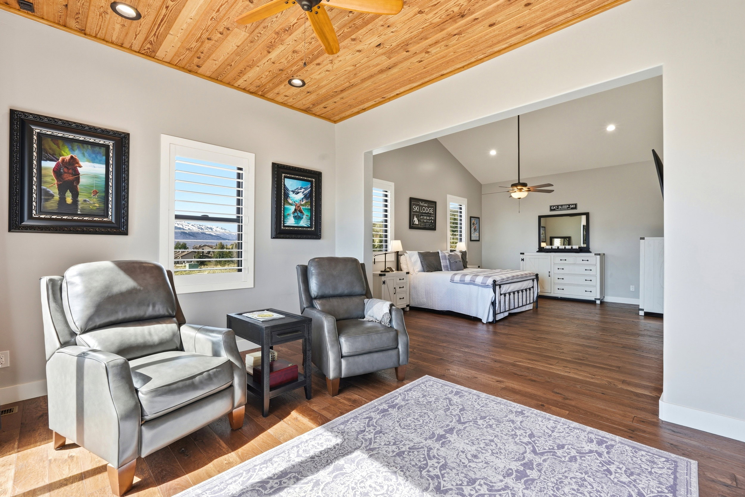 Bedroom featuring recessed lighting, a ceiling fan, dark wood finished floors, and lofted ceiling
