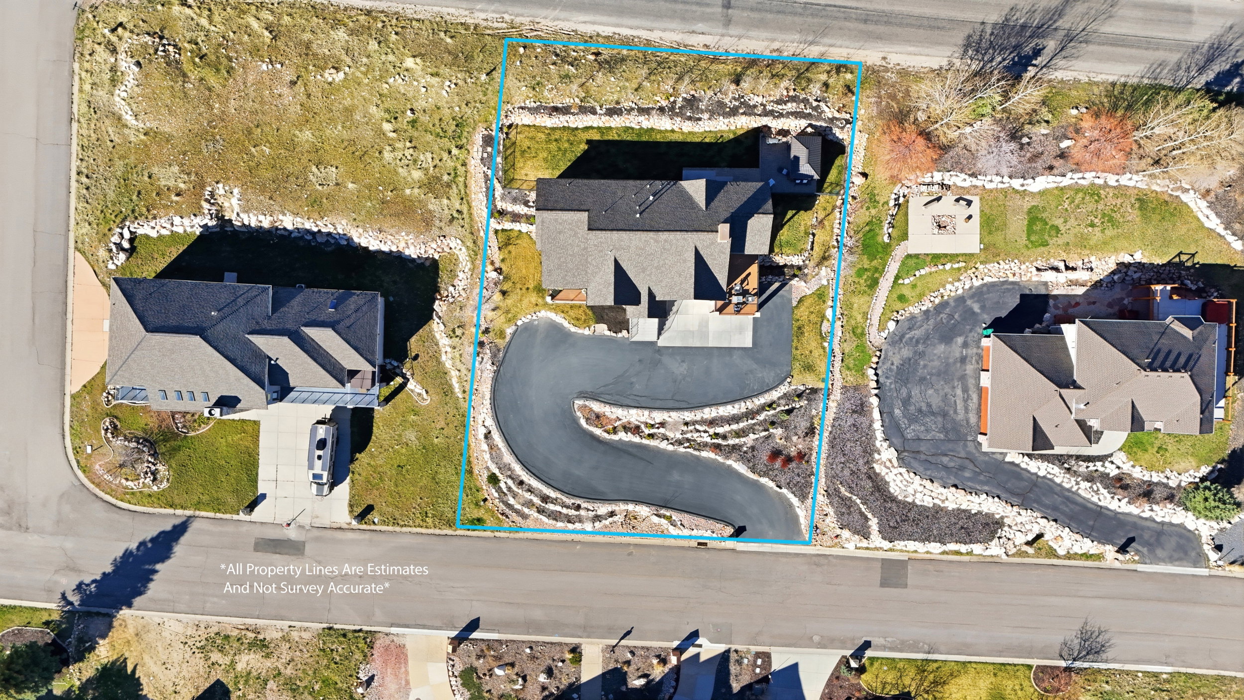 Aerial perspective of suburban area featuring property boundaries highlighted