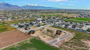 Aerial view of residential area with a mountain backdrop