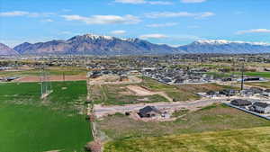 Aerial view of residential area with a mountainous background