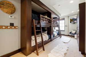 Bedroom featuring recessed lighting and light colored carpet