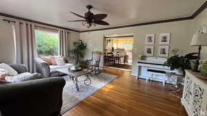 Living area with crown molding, a ceiling fan, plenty of natural light, and wood finished floors