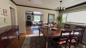 Dining space featuring dark wood finished floors, suspended lighting, plenty of natural light, ornamental molding, and a ceiling fan