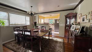 Dining space with ornamental molding, dark wood finished floors, and suspended lighting