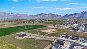Aerial view of residential area with a mountain backdrop