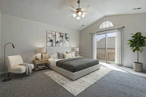 Carpeted bedroom featuring a ceiling fan and baseboards