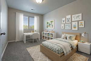 Bedroom featuring carpet and baseboards