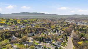 Aerial view of residential area with mountains