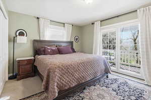 Carpeted bedroom featuring access to outside, a closet, and multiple windows