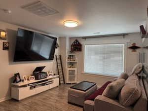 Living room with dark wood finished floors
