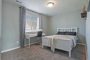 Bedroom featuring dark colored carpet