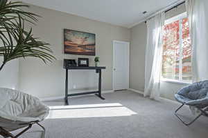 Sitting room featuring baseboards and light carpet