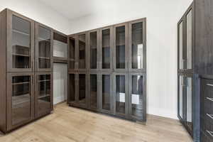 Walk in closet with light wood-style flooring