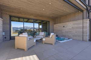 View of patio featuring a mountain view