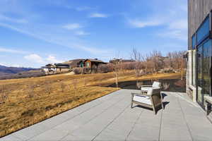 View of patio featuring a mountain view