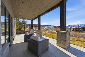 View of patio / terrace featuring a mountain view