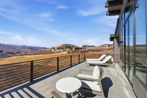 View of patio featuring a mountain view