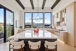 Gourmet kitchen featuring a large central island with seating, panoramic windows, exposed ceiling beams, light wood-finish cabinetry, and stainless steel appliances